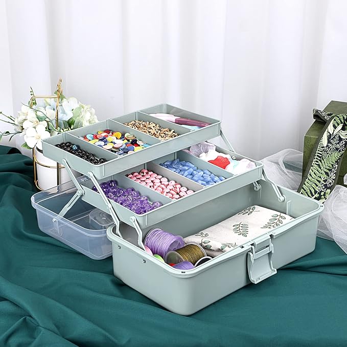 BTSKY 3-Layer Plastic Dividing Storage Box Craft Organizer and Storage with Adjustable Spacers Portable Handled Art Supply Organizer Multipurpose Home Utility Box for Medicine Sewing(Haze Green)