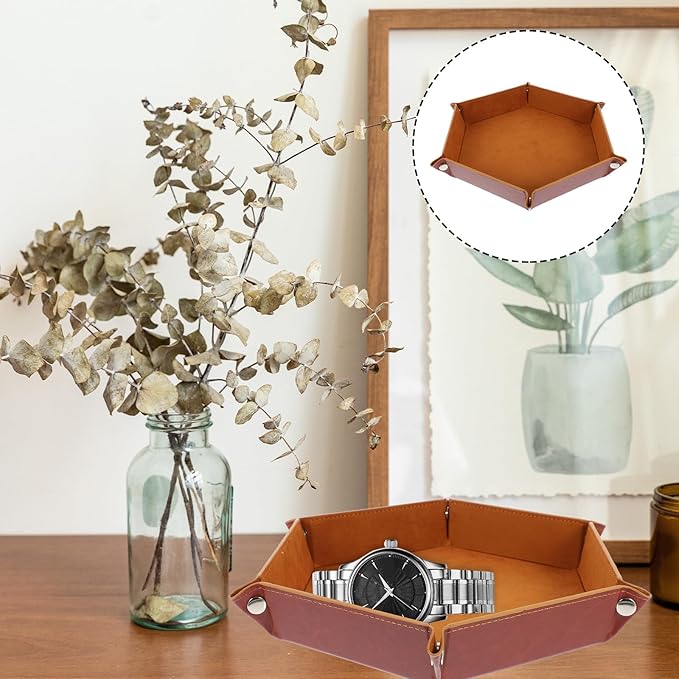 PU Leather Hexagonal Folding Tray Desktop Storage Organizer for Jewelry Keys Coins Home Accessories and Comfortable Catchall Plate with Elegant Brown Finish for Versatile Use