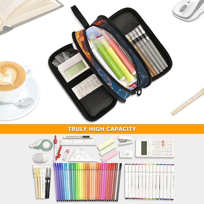 Baseball Water and Fire Pencil Case Box for kids Teens Boys Girls Large Pencil Pouch with Zipper Compartments Big Capacity Stationery Pen Bag Organizer for Kids Teens Adults School Office