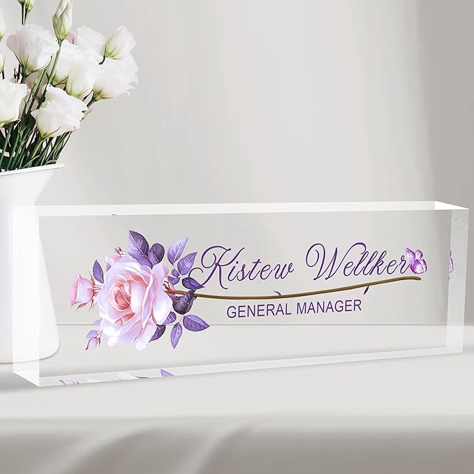 Custom Desk Name Plate Personalized, Acrylic Name Plates for Desk, Office Decor Personalized Gifts for Teacher Coworkers Boss Nurse (Purple Rose)
