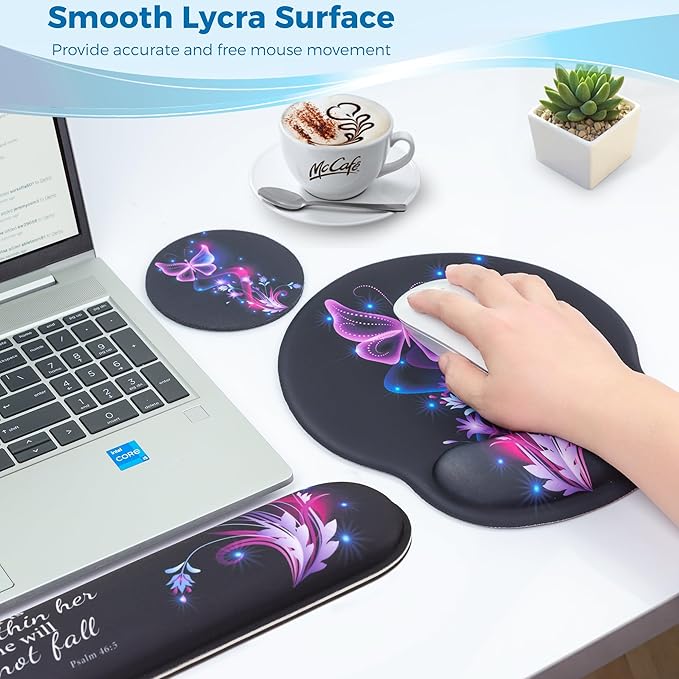 Mouse Pad and Keyboard Wrist Rest Support, with Non-Slip PU Base,Gel Mouse Pad with Coaster,Pain Relief for Gaming, Computer,Office -Vector Butterflies