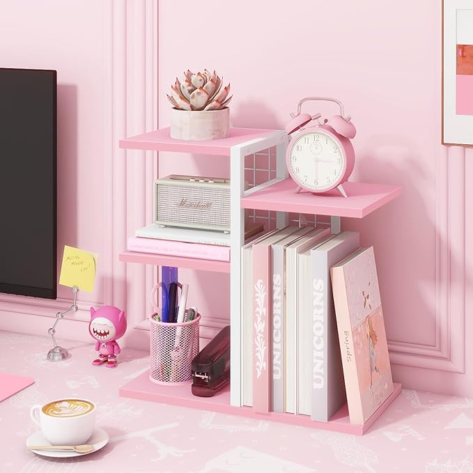 ELITEROO Desktop Bookshelf, Tiered Desk Organizer Shelf, Wooden Tabletop Bookshelf Small Desk Book Shelf, Dresser Top Organization Storage Rack and Desk Decorations for Women Office, Pink