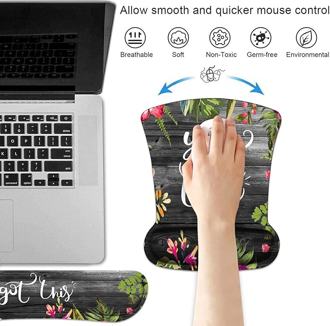 Keyboard and Mouse Wrist Rest Support Set With Coasters - You Got This Inspirational Quote Pad With Non-Slip PU Base for Home Office Working Studying Easy Typing & Pain Relief