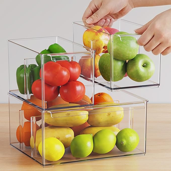 Clear Plastic Storage Bins 3 Pack, Stackable Storage Containers with Dividers, Tall 6" Thicken Storage Drawer Organizer Boxes for Pantry Kitchen Cabinets Fridge Vanity Makeup Craft C6-2