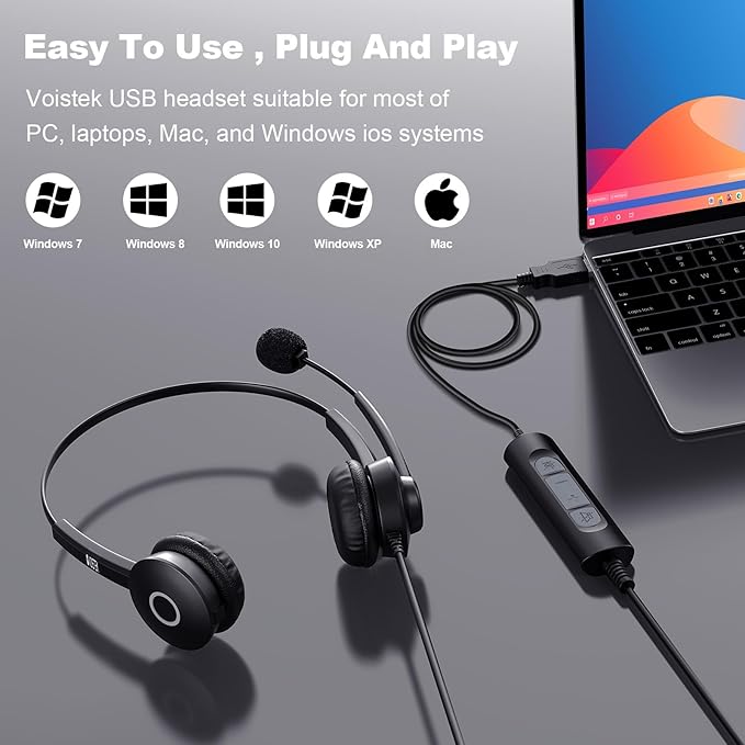 Voistek USB Headset with Microphone for Laptop/PC, Wired Business Headphones with Noise Cancelling Mic, in-Line Volume Control for Call Center,Work from Office Home, Teams, Zoom, Skype
