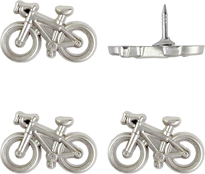 Bicycle Push Pins - Silver Metal Bike Pins - for Cork Board, Maps, or Lapel Pin Use - Designed in USA - Set of 4
