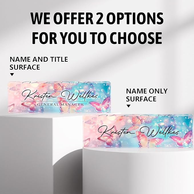 Personalized Name Plate for Desk Custom Acrylic Desk Name Plate Custom Employee Appreciation Gifts Office Gifts for Women, Men, Boss, Coworkers, Teacher, Nurse (Pink-Blue Butterfly)