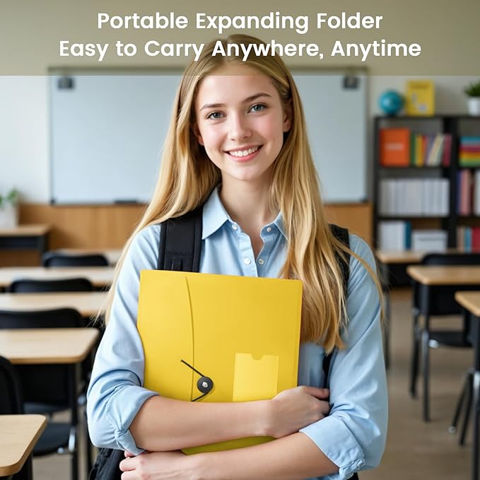 13 Pocket Accordion File Organizer with Elastic Closure, Expanding File Folder for Letter Size A4 Papers, Ideal for Home, Office Supplies, College Essentials - Yellow