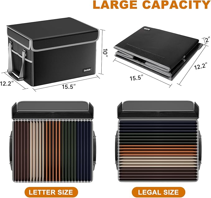 DocSafe File Box Fireproof File Storage Organizer with Lid,Collapsible Document Storage Filing Case for Hanging Letter/Legal Folders,Portable Home Office Safe Cabinet with Handle,Black