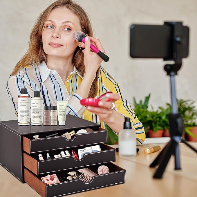 PU Leather Desk Organizer with 3 Drawers,Executive Office Supplies Desktop Filing A4 File Cabinet/Holder for Jewelry/Bill/Paper/Documents/Makeup Home Decor Stationery Storage Box,Brown