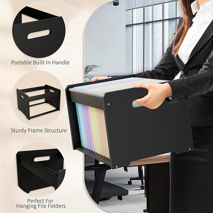 Bamboo Hanging File Organizer, Office Desk File Organizer for Letter Size, Wood Hanging File Folders Organizer Record Holder Storage Stand Bookshelf Easy Assembly, Black