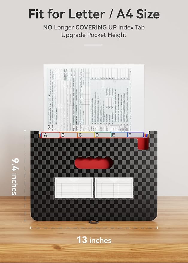 ABC life 26 Pockets File Organizer, Expanding File Folder A4 Letter Size, Portable Monthly Paper Bill Tax Receipt Organizer, Document Holder with Labels - Checkered Pattern