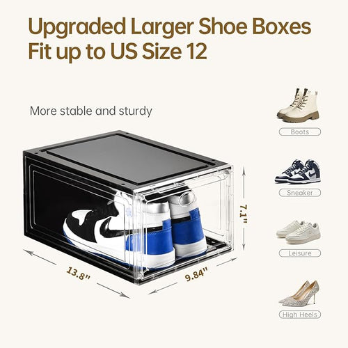 10 Pack Shoe Boxes Stackable,Upgraded Sturdy Storage Boxes with Clear Magnetic Door,Multifunctional Sneaker Organizer Fit up to US Size 12 (13.8”x 9.84”x 7.1”)