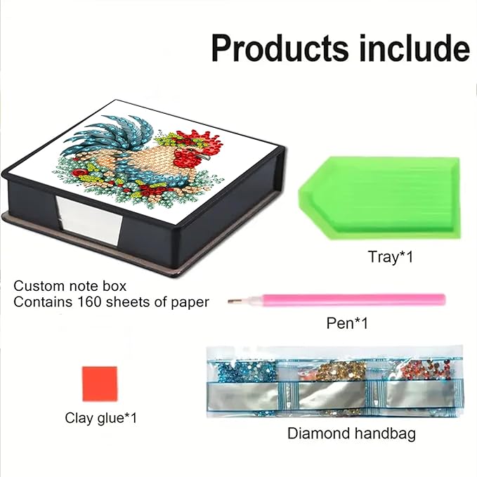 Chicken Diamond Painting Note Box,Memo Paper Storage Box Diamonds Art,Sticky Note Pad Holder Diamond Art,Diamonds Painting Memo Pad For Office Desk