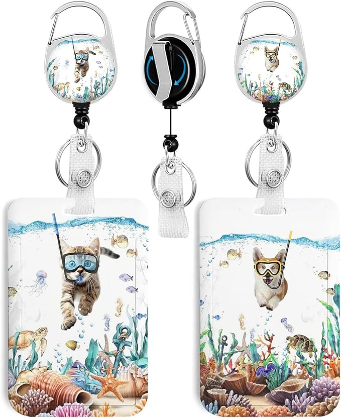 2 Pack Funny Diving Cat&Dog ID Badge Holder with Heavy Duty Retractable Reel Keychain for WomenStudents,Teachers, Nurses, Office Use