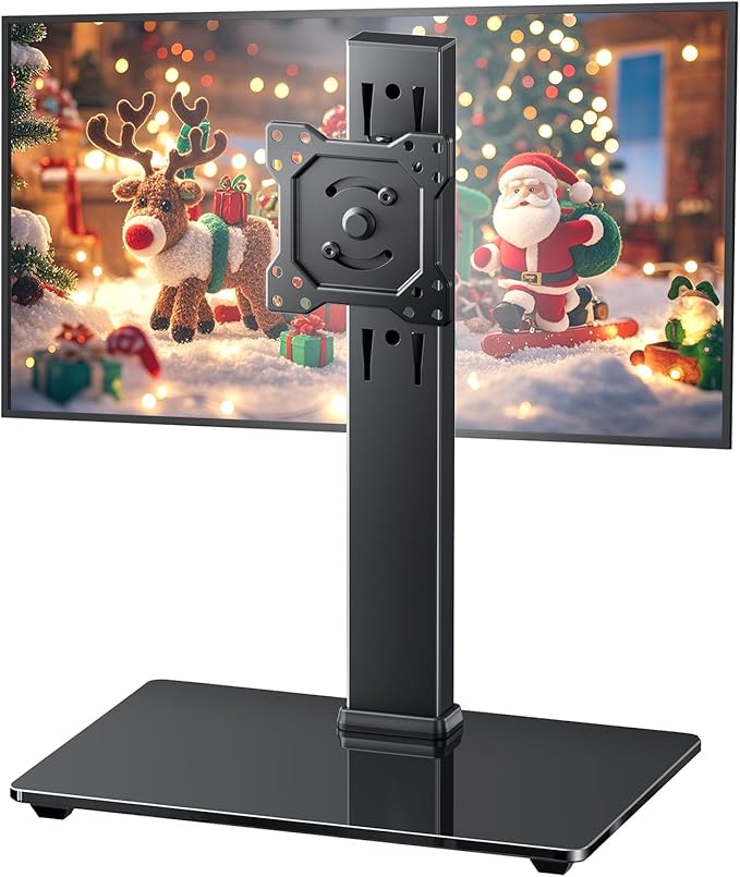 Single Monitor Stand, FreeStanding Desk Stand for 13-32 inch Screens, VESA Mount Monitor Riser with Swivel, Tilt, Rotation, 4 Height Options, Tempered Glass Base, Max Load 77lbs VESA 75x75mm-100x100mm