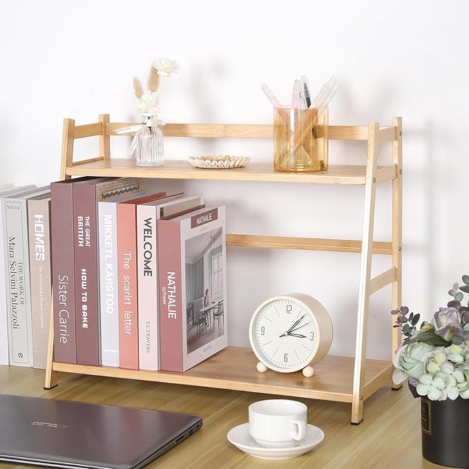 2-Tier Ladder Desktop Bookshelf, 19.69" Wide Wooden Countertop Storage Hutch for Office, Dorm and Home, Desk Organizer for Books and Decor