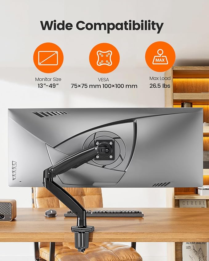 ErGear 13 to 49 inches Single Monitor Mount for Ultrawide Screens,Heavy Duty Single Monitor Arm,Single Monitor Stand with Swivel,Tilt,Rotation for Home and Office,Holds 26.5lbs,VESA 75/100mm