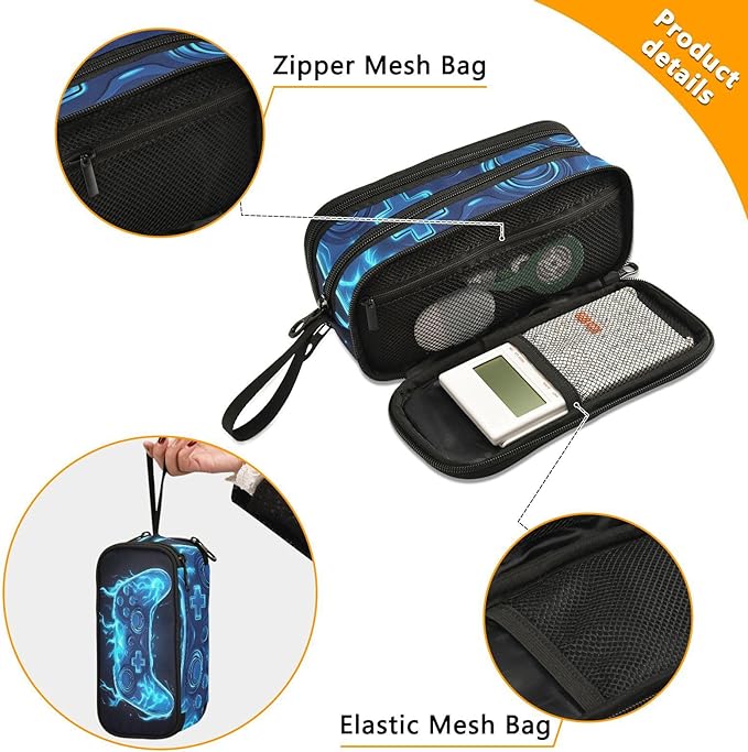 Custom Joystick Gamepad Blue Flame Pencil Case Box Boys Girls Personalized Name Large Pencil Pouch Stationery Pen Bag Organizer for Kids Adults School Office
