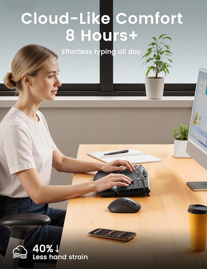 Ergonomic Wireless Keyboard and Mouse Combo, 30dB Quiet Full Size Keyboard Set with Wave Keys & Soft Palm Rest, Dual-System Switch for Windows/Mac, Ideal for Business Teams Home Office—Sablute