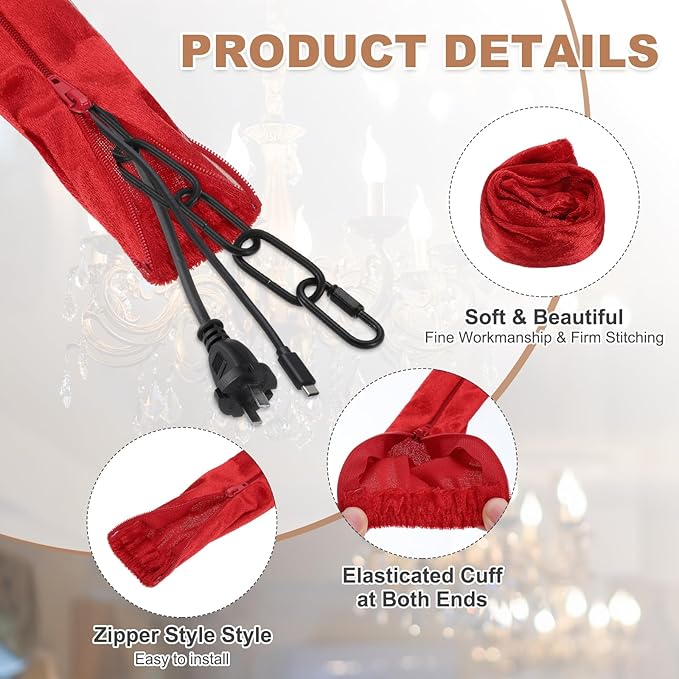 PATIKIL 2.6ft Chandelier Chain Cord Cover, 2 Pcs Velvet Cloth Fabric Chain Sleeve Decorative Cord Covers for Chandelier Wires Swing Cable, Zipper Style, Red