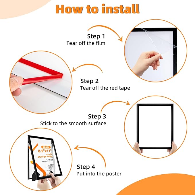 12 Pack 8.5x11 Acrylic Sign Holder Wall Mount with Framed Border, Peel & Stick Adhesive & 180° Flip Design - Single-Sided Clear Plastic Display for Menu, Poster, Flyer (Horizontal/Vertical) - Office, Home, Restaurant,No Drilling