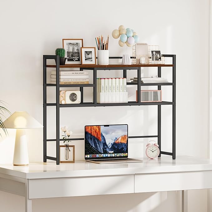 Snughome Desk Shelf, 38.6" Desktop Bookshelf, Desk Hutch Dorm, Countertop Storage Hutch with 5 Shelves for Computer Desk, Multipurpose Wood Desktop Display Organizer Rack for Home Office Dorm