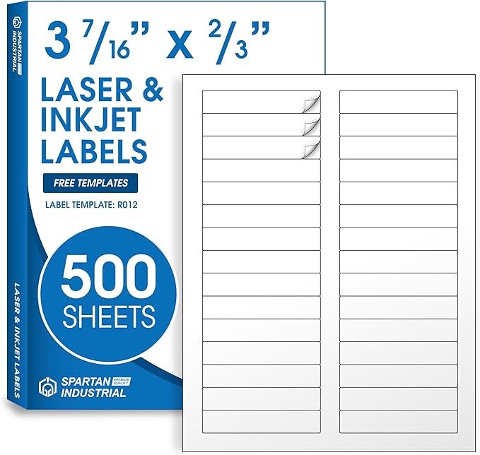 3 7/16" X 2/3" Matte White Printable Labels for Inkjet and Laser Printers - 500 Sheets 15000 Custom Stickers, File Folder Labels, Return Address Stickers, Price Tags - Spartan Industrial Template R012