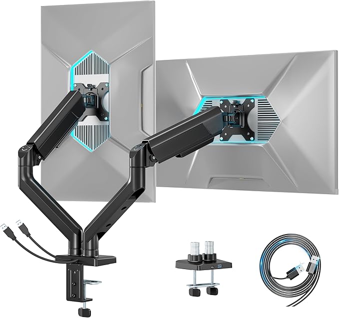 ARES WING Dual Monitor Mount, Heavy Duty Monitor Arms for 2 Monitors for 17-35 Inch, Fully Adjustable Monitor Desk Stand with USB A/C for Ultrawide Screen, VESA 75x75 or 100x100mm, Black