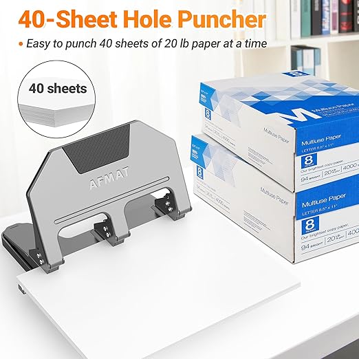 AFMAT 3 Hole Punch, 9/32" Hole Diameter, 40-Sheet 3 Hole Puncher for Binder, 50% Reduced Effort, Metal Heavy Duty Hole Puncher w/ 10,000+ Uses, Bulit-in S.S. Paper Guide, Large Chip Tray, Gray, HPX3