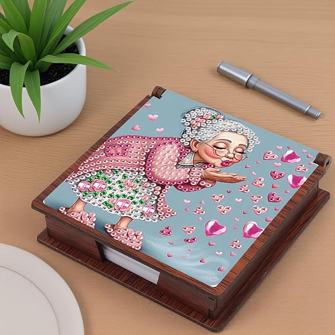 Wooden DIY Cute Old Lady Diamond Art Notecard Box – DIY Gem Art Sticky Note Holder for Adults 160 Sheets Memo Pad Storage