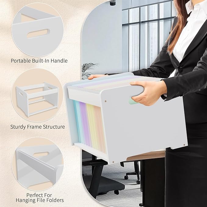 Bamboo Hanging File Organizer, Office Desk File Organizer for Letter Size, Wood Hanging File Folders Organizer Record Holder Storage Stand Bookshelf Easy Assembly, White