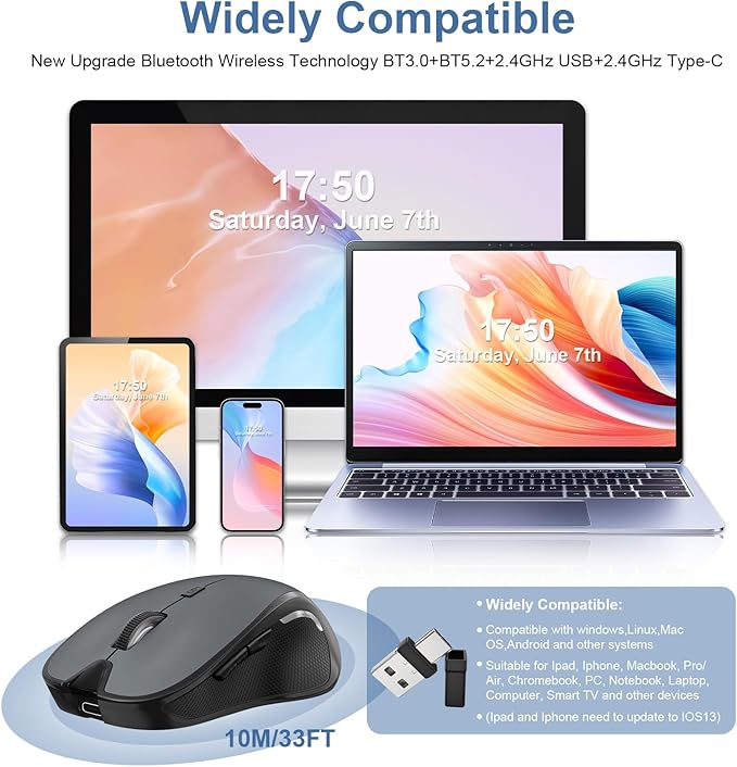 Mouse for MacBook Wireless Bluetooth Mouse Laptop MacBook Air Mac Pro Rechargeable Silent PC iPad Optical Mouse with Jiggler Dual Mode Switch Bluetooth 5.2/3.0 and 2.4GHz USB Type-C Receiver Black