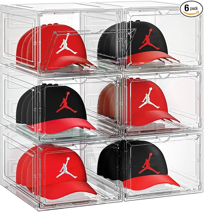 6 Pack Hat Organizer Box, Stackable Clear Baseball Caps Holder Box Containers with Magnetic Door for Hats Snapback Cap Storag, Hat Rack Display Case, Holds 8 Hats Each (Clear)