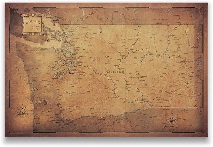 Conquest Maps Push Pin Washington Map Board - With Push Pins to Mark Washington Travels - Handmade in Ohio, USA - Design: Golden Aged