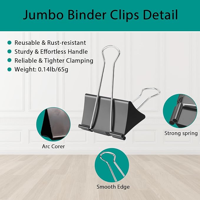 2.4 inch Wide 7" Long Jumbo Binder Clips - 12 Pack Black Extra Large Heavy Duty Paper Clamps for Office School Supplies Home Organization