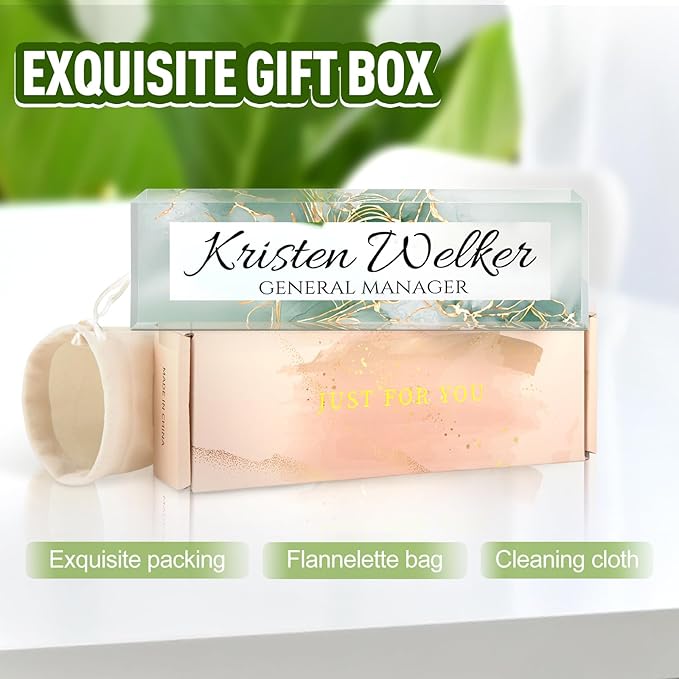 Name Plate for Desk, Desk Name Plate Personalized, Office Decor for Women Men, Acrylic Desktop Accessories, Office Appreciation Gifts for Boss Social Workers Nurse Teacher Employee (Green/Gold)