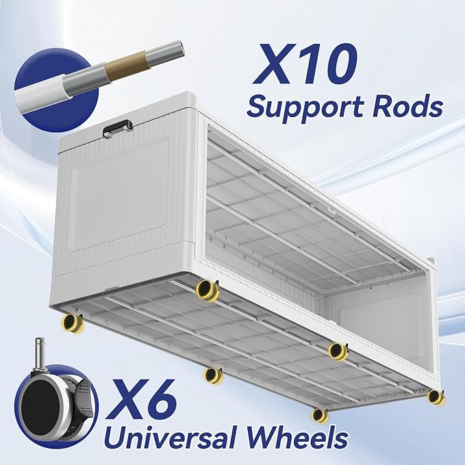 200 Gallon Extra Large Collapsible Storage Bin with Lid, 960QT Stackable Plastic Organizer with 6X Wheels, Foldable Drawer Cabinet for Closet, Living Room Office, Kitchen 4Pack, White