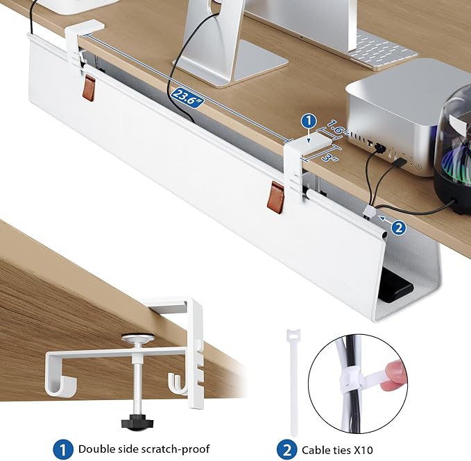 Zilink Large Cable Management Under Desk 40" No Drill Desk Cable Management Clamp/Screw Mount Fabric Cable Tray Sturdy Waterproof Cable Organizer for Office, Home, White