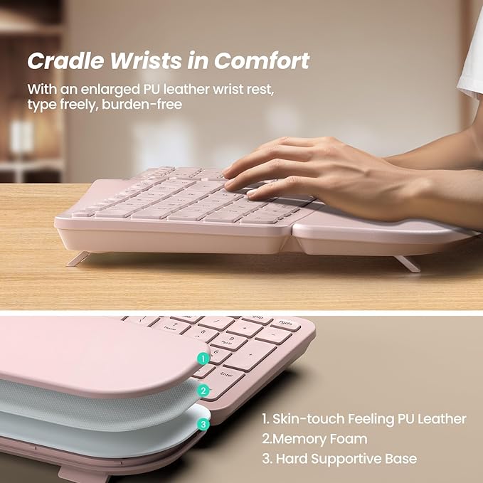 Nulea KM75 Wireless Keyboard and Mouse Combo, Comfortable Natural Typing, Palm Rest, Multi-Device (Bluetooth, 2.4G, Wired), Rechargeable, for Multi-OS, Windows, Mac, Android (Light Pink)