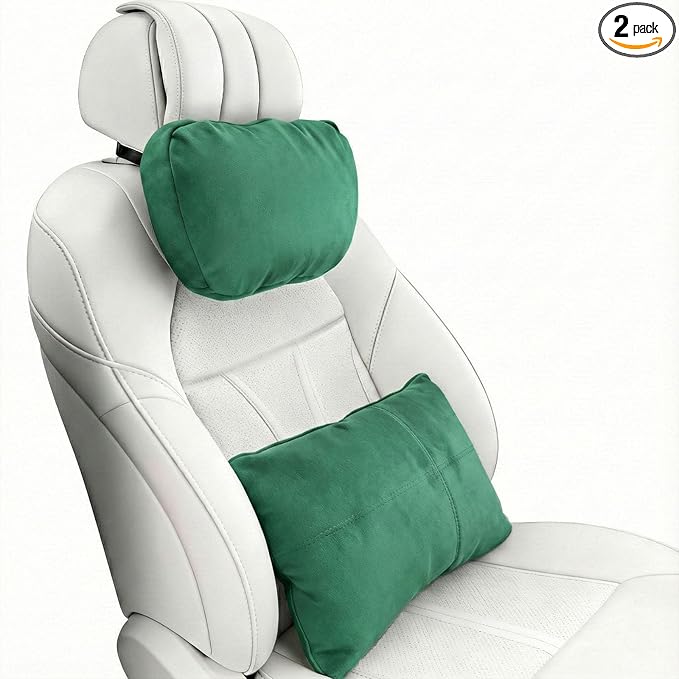 2PCS Car Pillow for Car Neck Pillow for Driving Seat Lumbar Support Soft Cushion with Extra Filling Accessories Back Support for Travel Nap and Trips Sleeping (Green, Head and Lumbar)