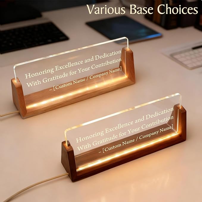Personalized LED Name Plate for Desk, Light Up Acrylic Office Decor Desk Name Plate with Wooden Base, Custom Name Logo Quote, Appreciation Gifts for Boss Coworkers Employee Women Men (Tribute Honor)