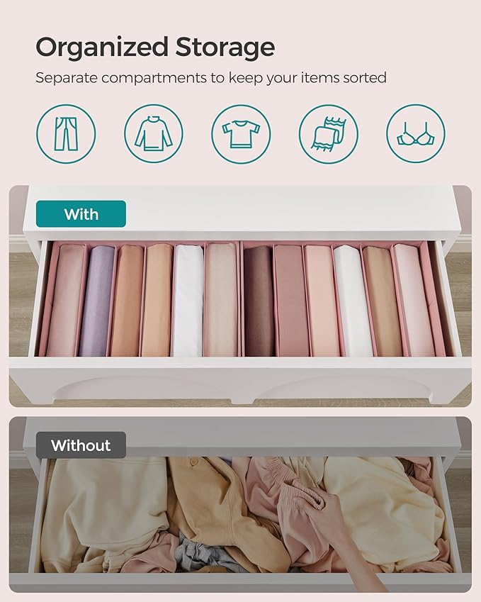 SONGMICS Set of 4 Large Size Wardrobe Clothes Organizers, 6-Compartment Foldable Drawer Organizers with Handles, 16.5 x 11.8 x 6.7 Inches, for Pants, Sweaters, Jeans, Jelly Pink URUS009R01