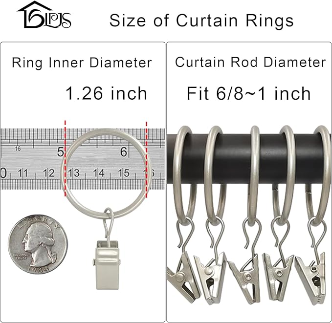 LLPJS 40 Pack Curtain Rings with Clips, Curtain Clip Rings Hooks, Bow Hanger Clips for Hanging Drapery Drapes Bows, Ring 1.26 inch Interior Diameter, Fits up to 1" Rod, Matte Silver
