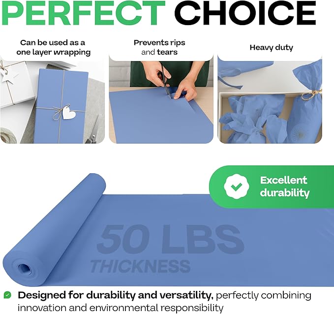 Blue Kraft Paper Roll 24" x 1200" (100 feet) with Cutter - USA-Made Gift Wrapping Paper for Packing, Moving, Shipping & Crafts/Arts - 100% Recyclable Natural Craft Material by IDL Packaging