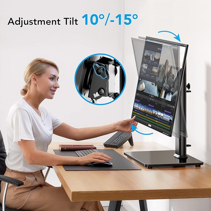 AX WABER Single Monitor Desk Stand Free-Standing Desk Mount Arm Riser for 13 inch to 32 inch Screen Freestanding VESA Mount Base, Adjustable Height, Tilt, Swivel, Rotation, Black AX05TB01