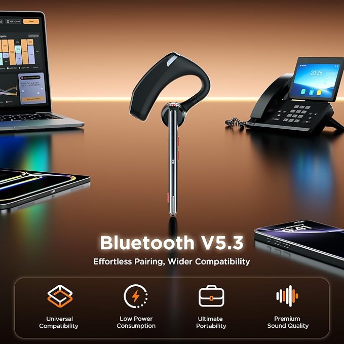 COMEXION Bluetooth Headset V5.3, Wireless Headset with Dual Noise-Canceling Mics, Portable Charging Case, 300H Standby Time, Hands Free Headphones for Computer/Cell Phones, Trucker/Home/Office/Work