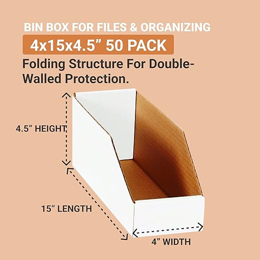 Box USA Storage Bins Medium 4"L x 15"W x 4 1/2"H 50-Pack - Corrugated Cardboard Box for Packing, Moving, and Storage