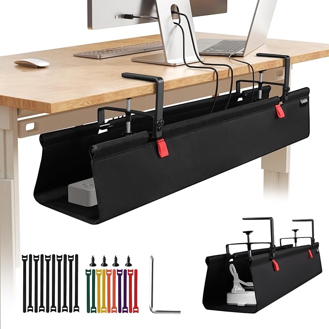 No Drill Under Desk Cable Management Tray, 28" Cord Organizer with Clamp, Fabric Cable Management for Standing Desks, Ideal for Home & Office - Black