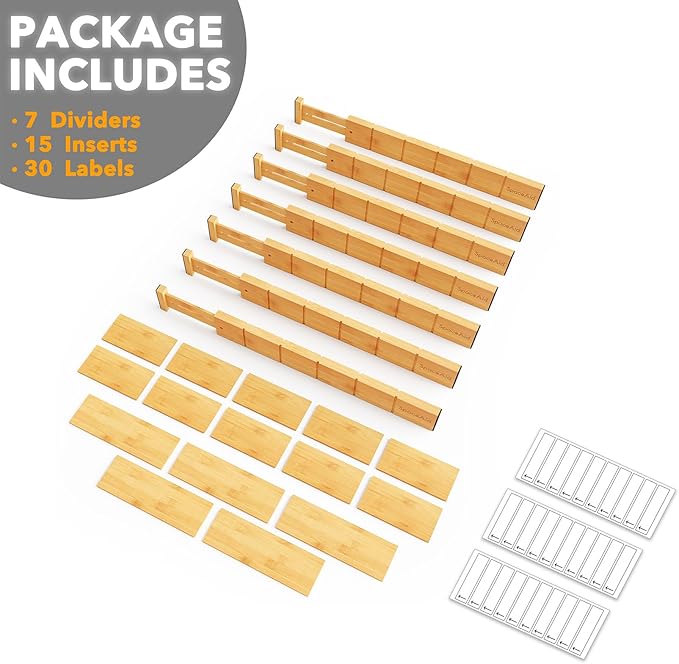 SpaceAid Bamboo Drawer Dividers with Inserts and Labels, Kitchen Adjustable Drawer Organizers, Expandable Organization for Home, Office, Dressers, 7 Dividers with 15 Inserts (17"-22" Natural)